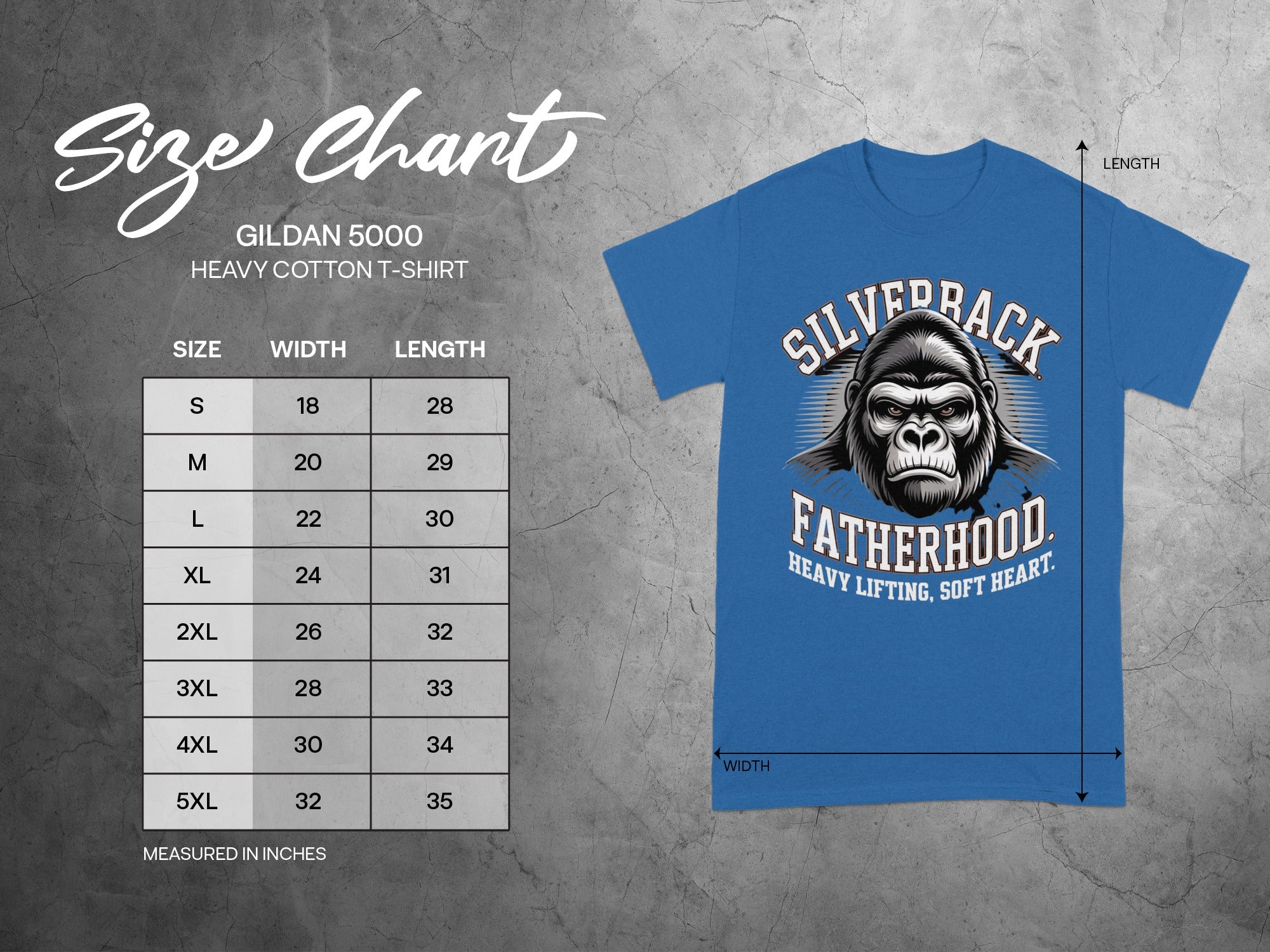 Size chart for Gildan 5000 Heavy Cotton T-shirt with measurements in inches.