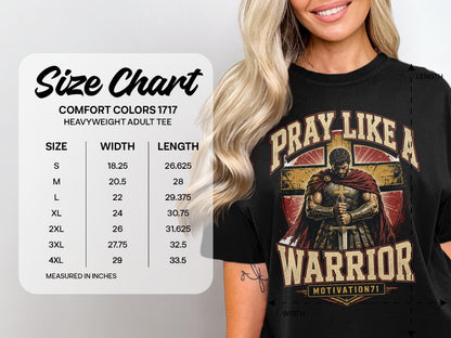 Size chart with width and length measurements in inches for Comfort Colors 1717 heavyweight adult tee.
