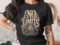 Black t-shirt with "NO LIMITS" text, lion, and inspiring quote.