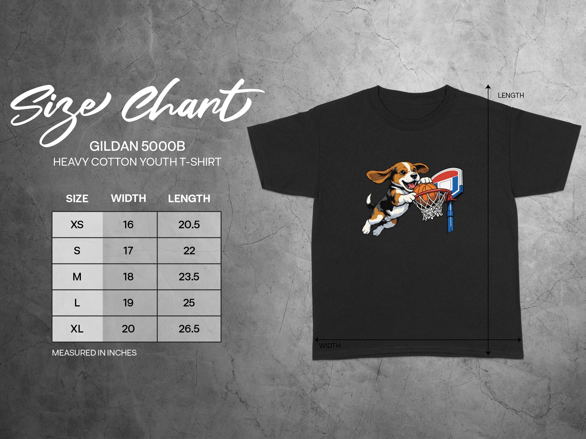 Size chart for Gildan 5000B youth t-shirt with beagle basketball player graphic.