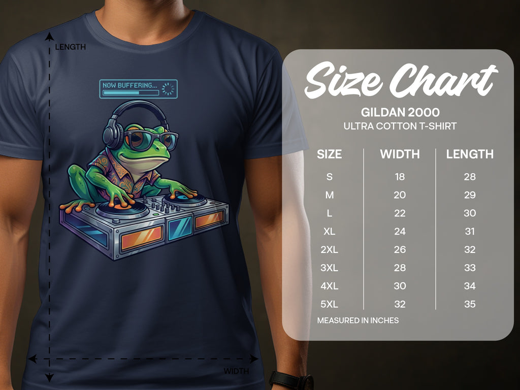 DJ frog wearing headphones and sunglasses with a "Now Buffering" graphic on a t-shirt, with a size chart.