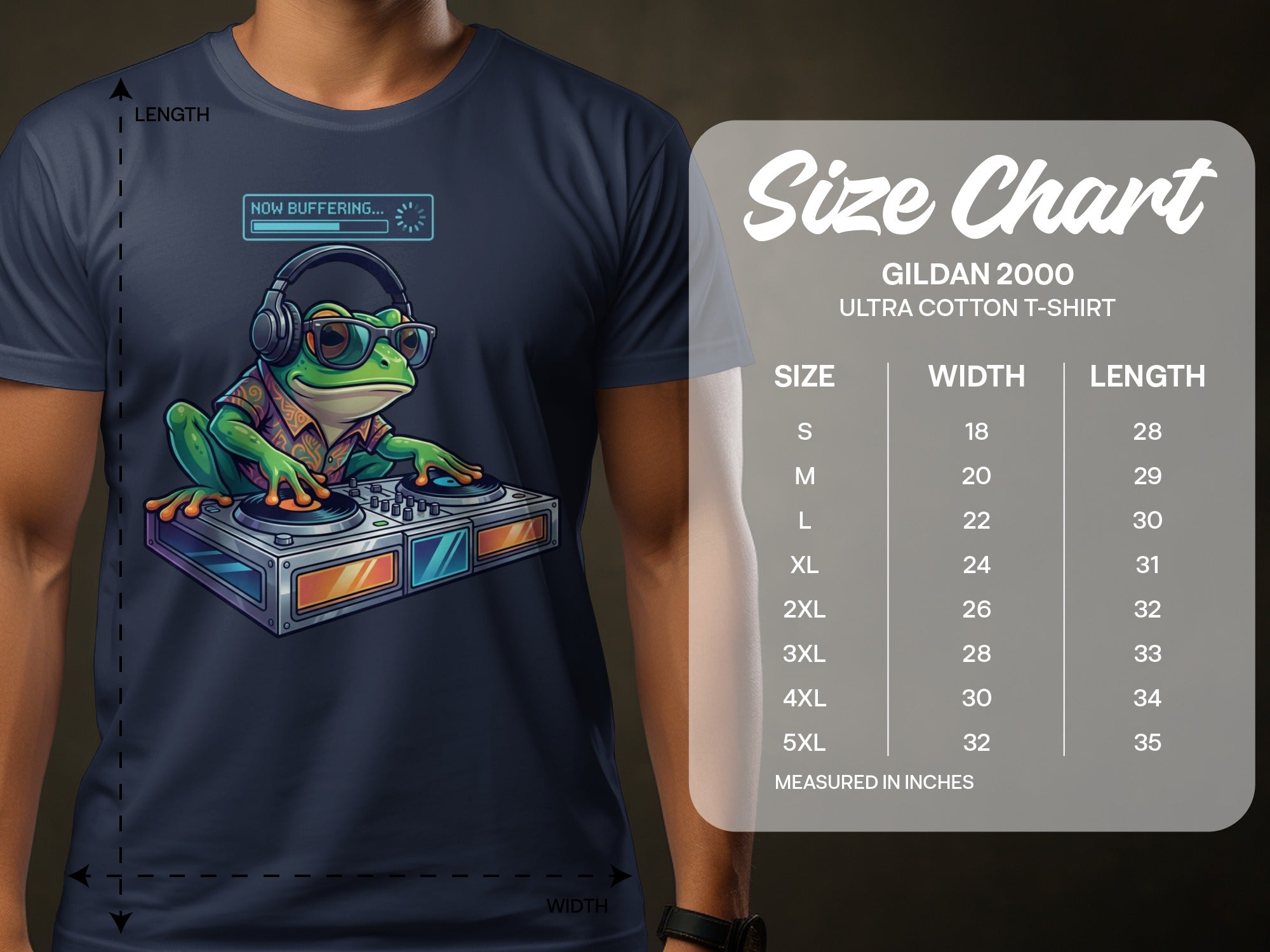 DJ frog wearing headphones and sunglasses with a "Now Buffering" graphic on a t-shirt, with a size chart.