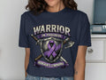 Dark navy t-shirt with warrior in progress and Hodgkin's Lymphoma design.