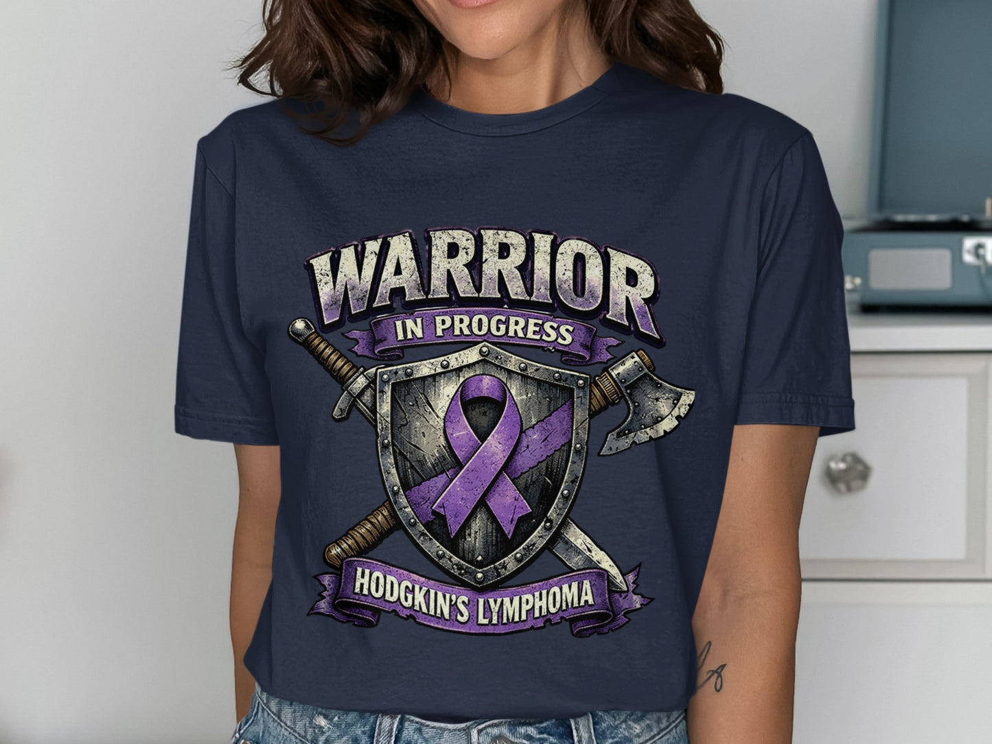 Dark navy t-shirt with warrior in progress and Hodgkin's Lymphoma design.