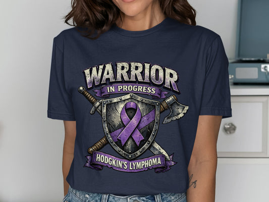 Dark navy t-shirt with warrior in progress and Hodgkin's Lymphoma design.