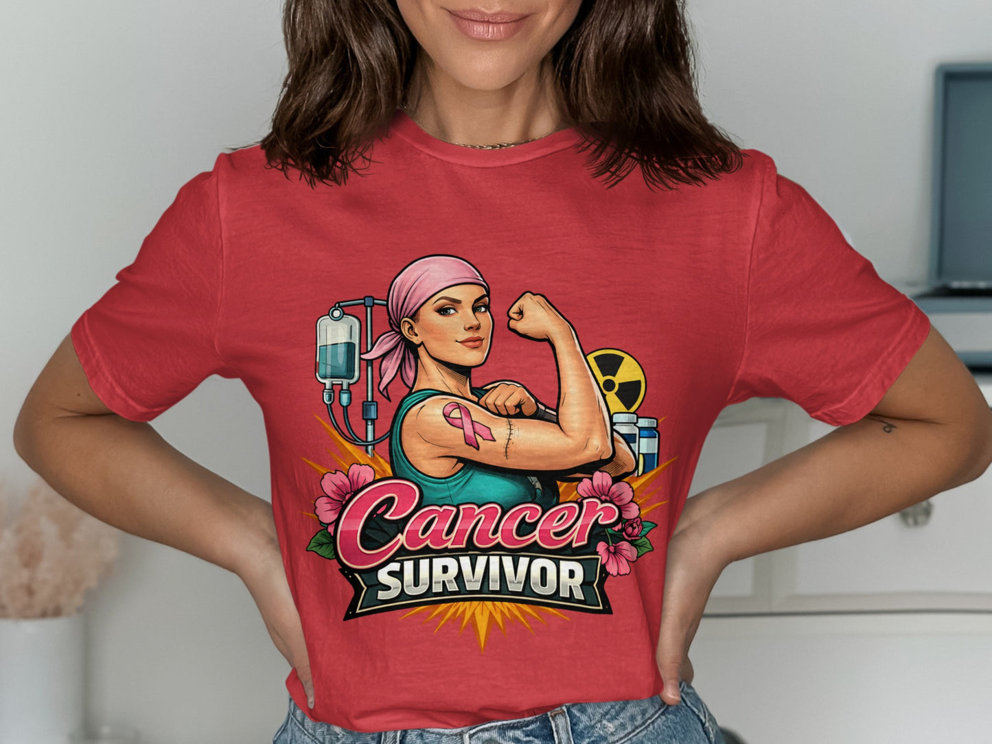 Cancer Survivor graphic with female bicep flex, pink ribbon, and IV bag.