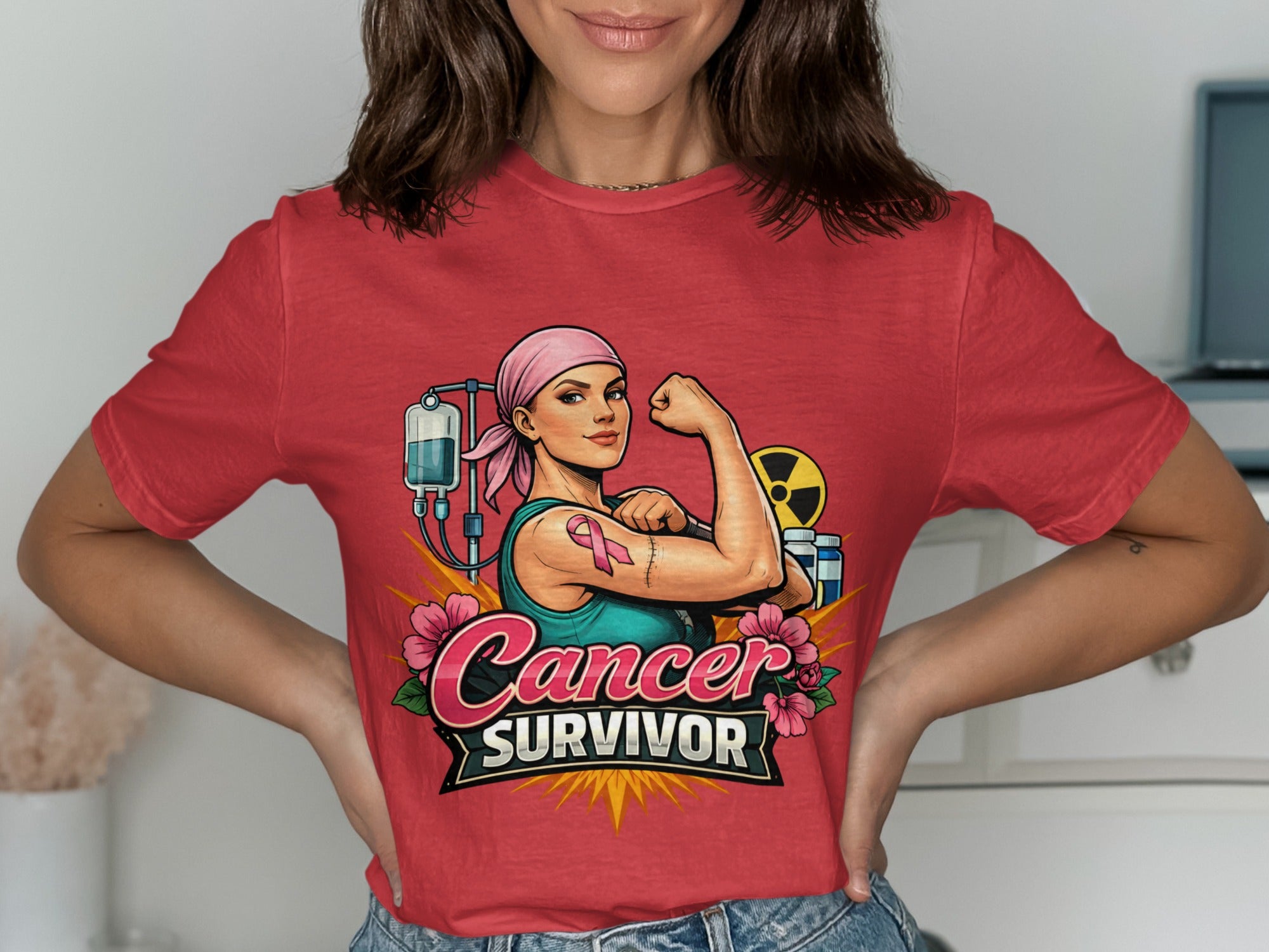 Cancer Survivor graphic with female bicep flex, pink ribbon, and IV bag.