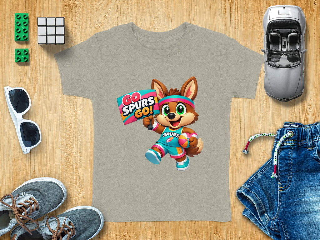 Cartoon fox character in Spurs outfit holding "Go Spurs Go!" sign.