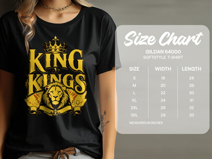 Black t-shirt with gold "King of Kings" graphic and size chart.