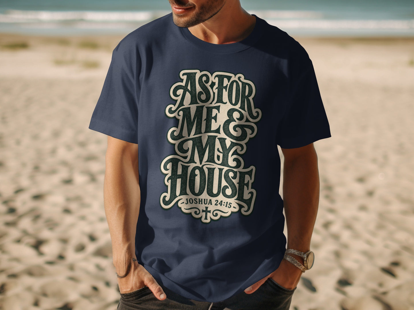Navy t-shirt with "As For Me & My House Joshua 24:15" text.