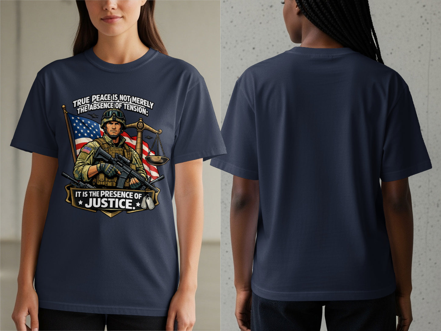 Navy shirt featuring a soldier, American flag, scales of justice, and quote.
