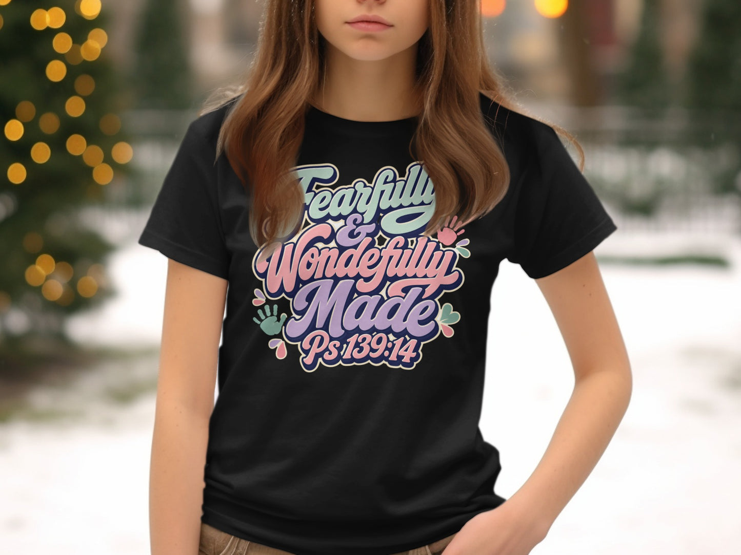Black t-shirt with "Fearfully & Wonderfully Made Ps 139:14" text and hand graphic.