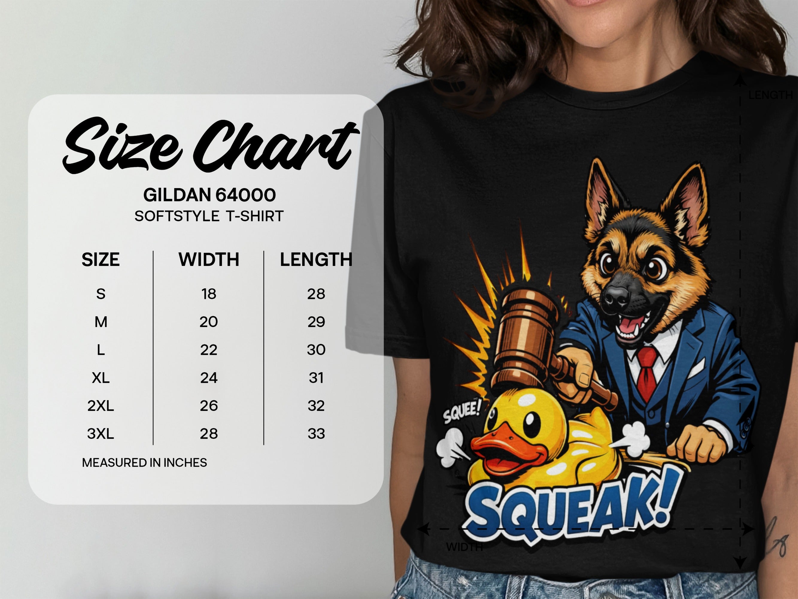 Gildan 64000 Softstyle T-shirt size chart in inches with cartoon judge dog and rubber duck.