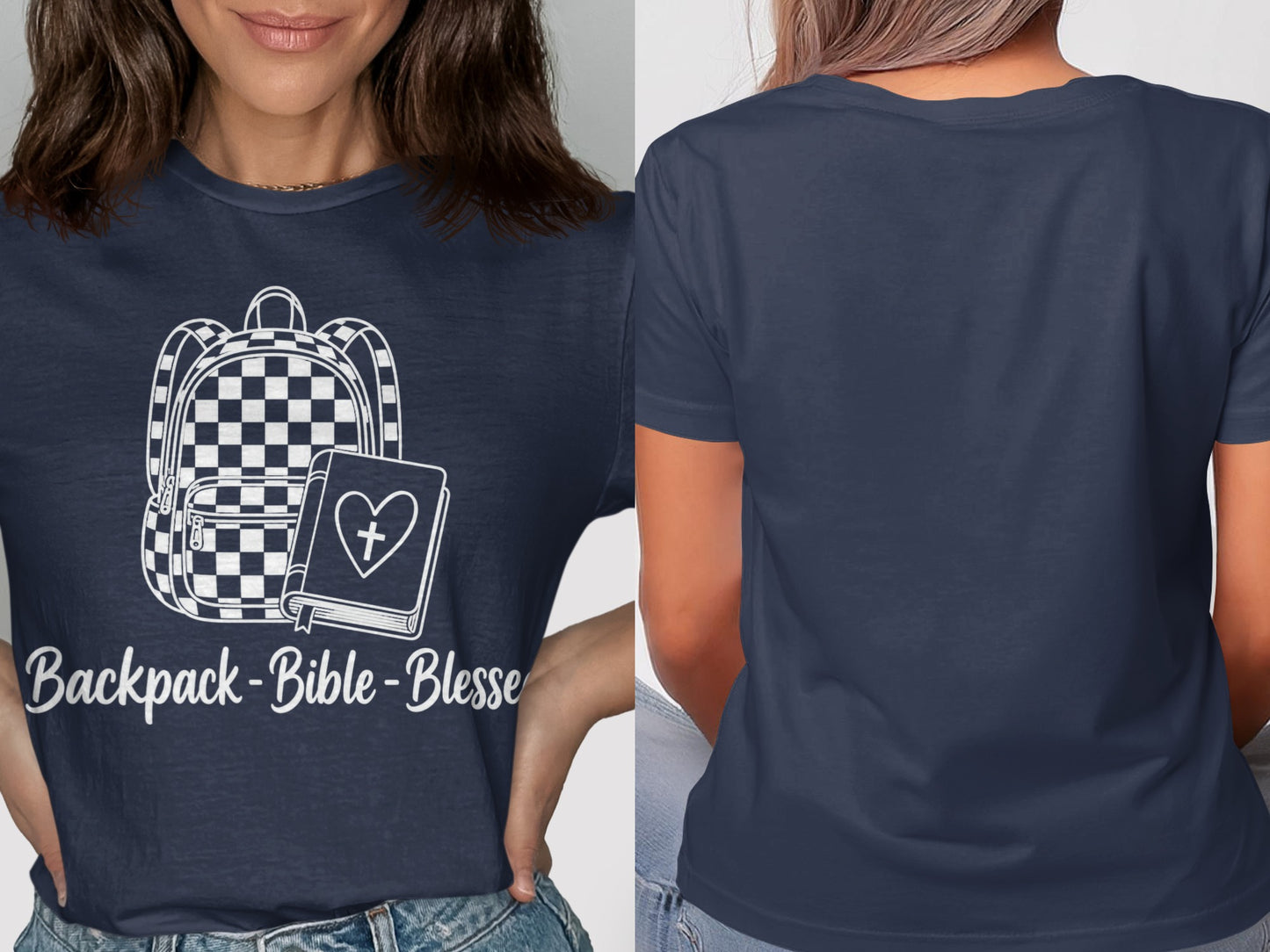 Navy t-shirt with checkerboard backpack, bible, and text "Backpack-Bible-Blesse".