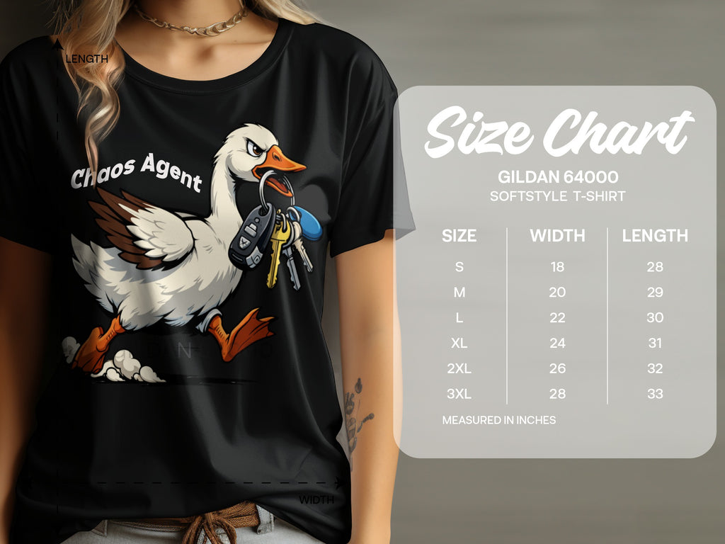 Black t-shirt with a goose graphic and "Chaos Agent" text, alongside a size chart.