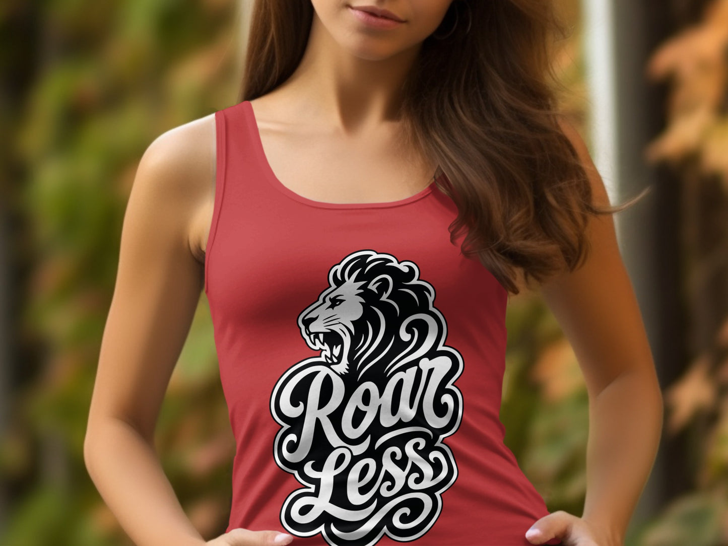 Red tank top with a lion head and "Roar Less" graphic