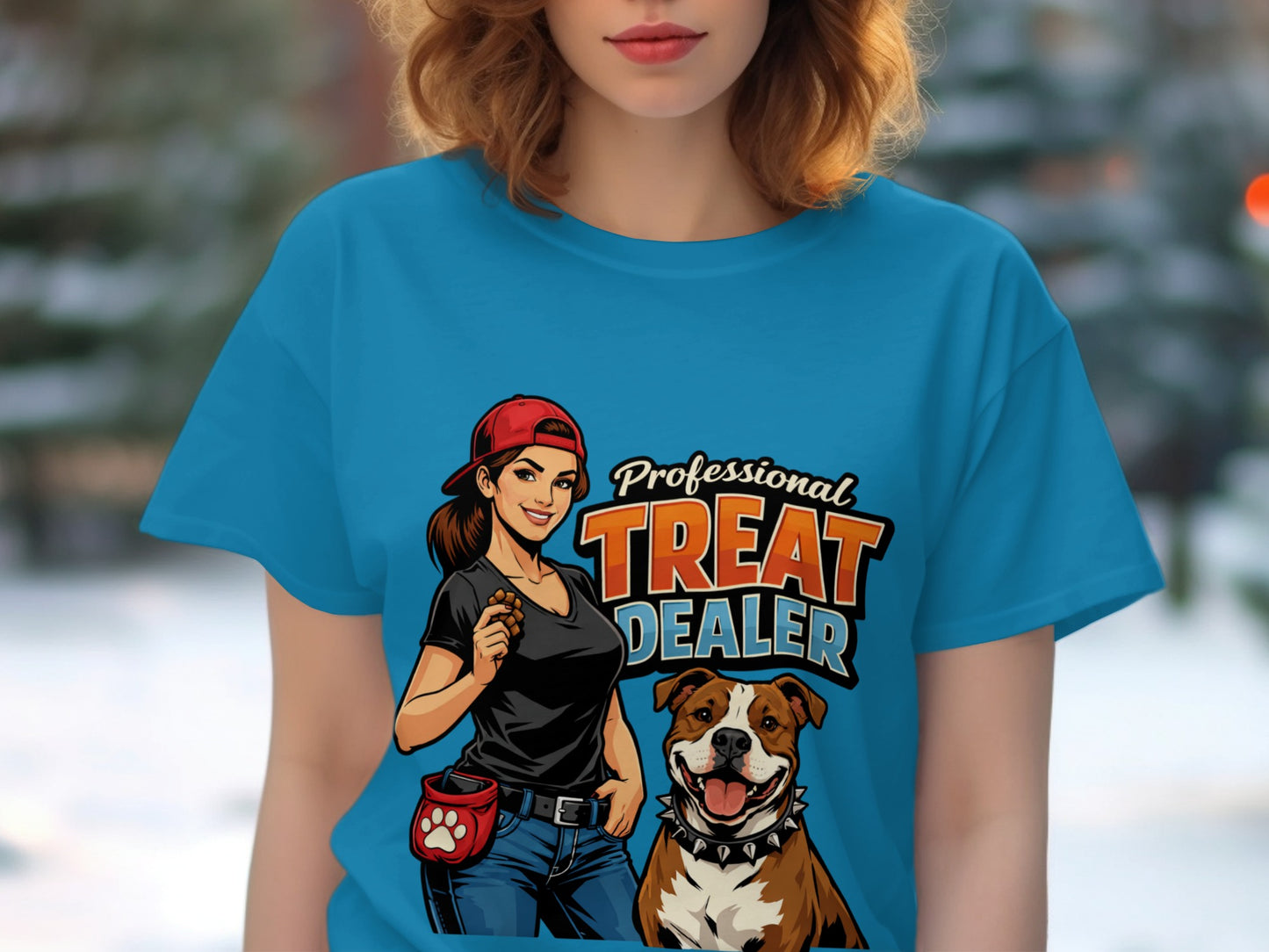 Cartoon woman with treat pouch and dog next to "Professional Treat Dealer" text.