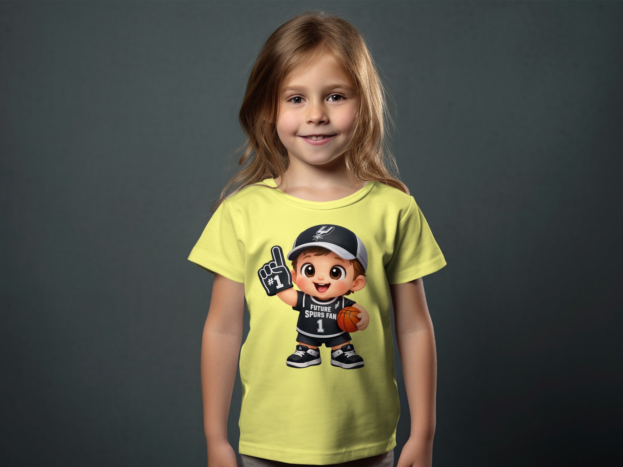 Young girl wearing a yellow t-shirt with a cartoon spurs fan graphic.