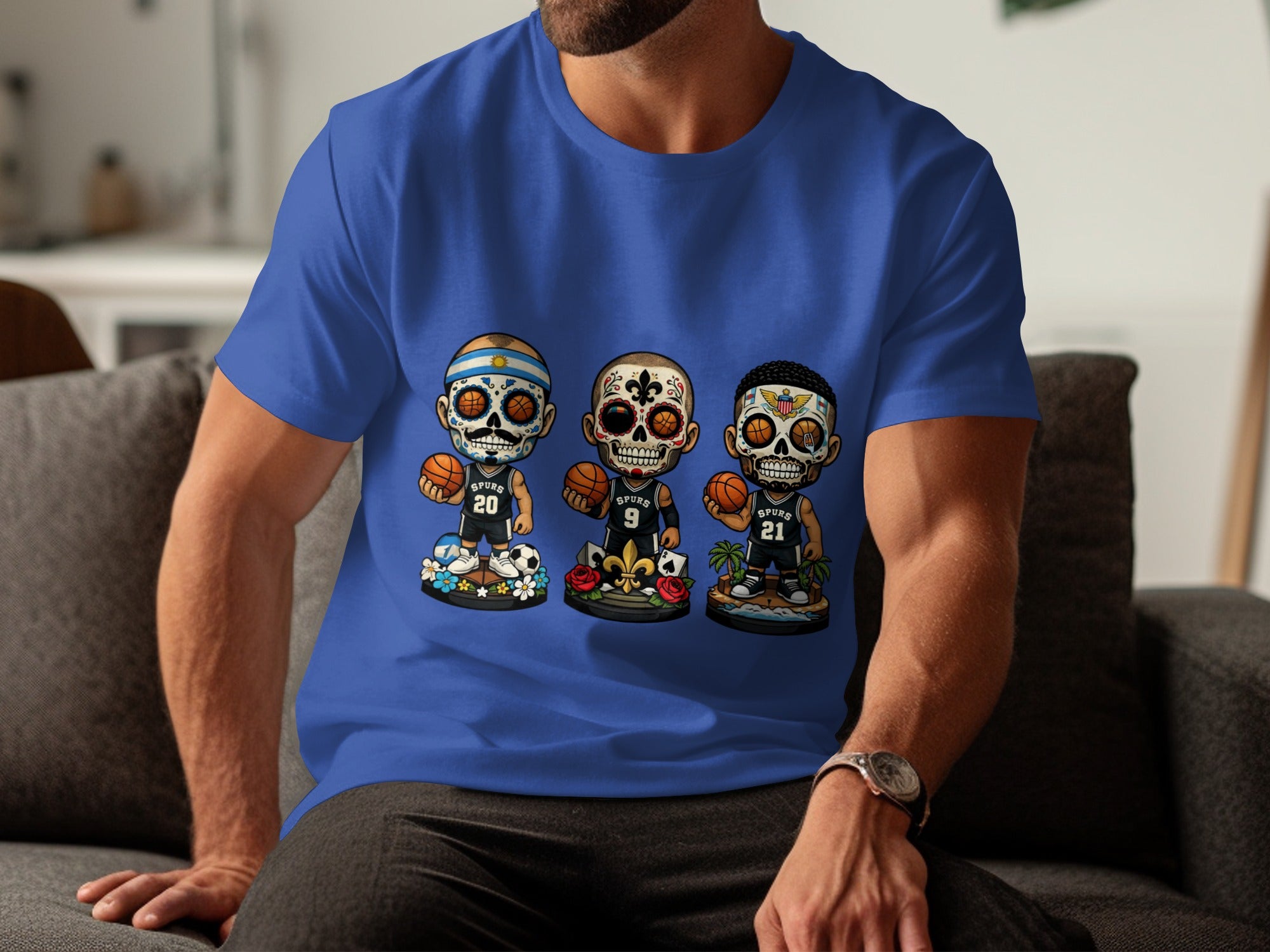 T-shirt with three sugar skull basketball players, numbers 20, 9, and 21.