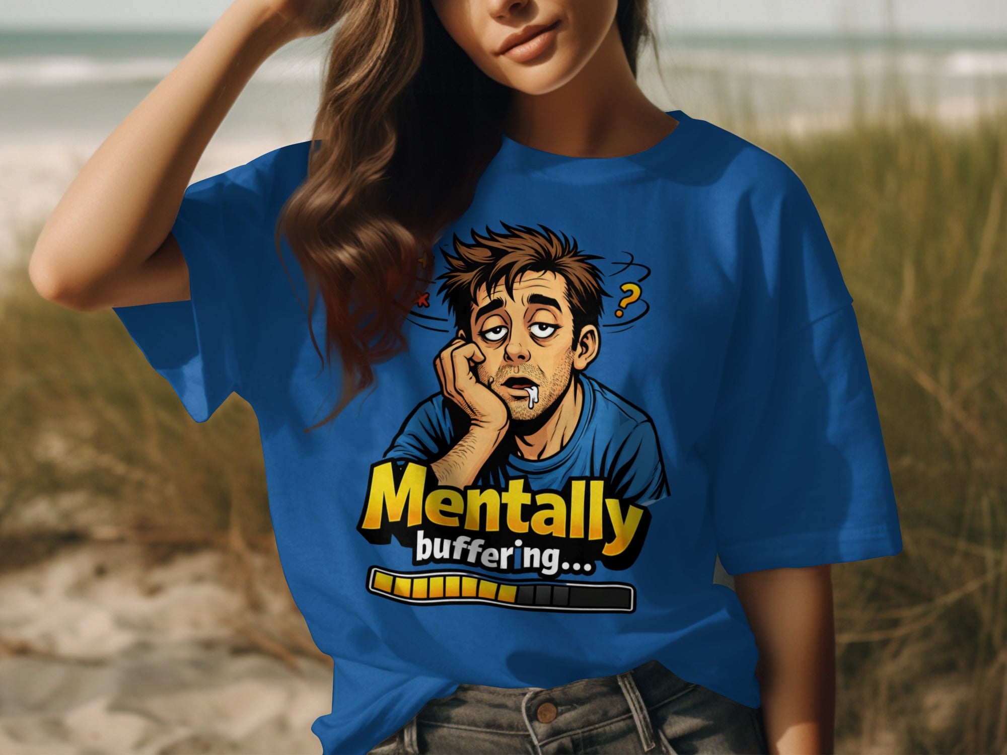 Blue t-shirt graphic featuring a cartoon man with drool, text "Mentally buffering...", and a loading bar.