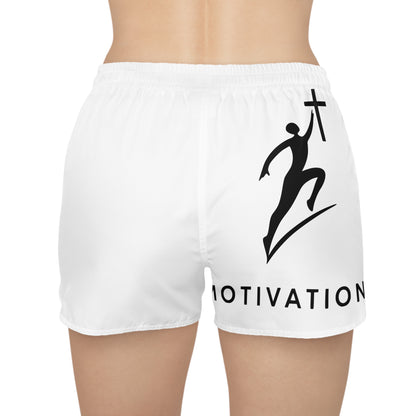 White shorts with black graphic of a runner holding a cross and the word MOTIVATION.