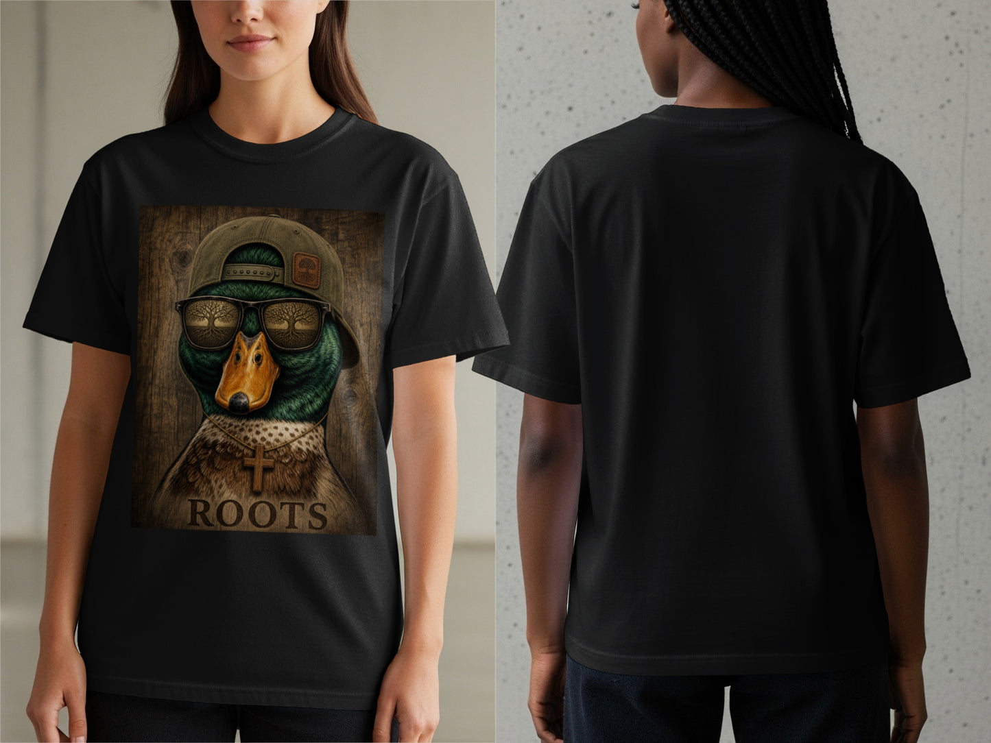 Black t-shirt with a duck wearing sunglasses and a cross necklace printed on the front.