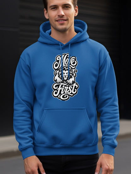 Man wearing blue hoodie with a lion graphic and the words "Moe First".