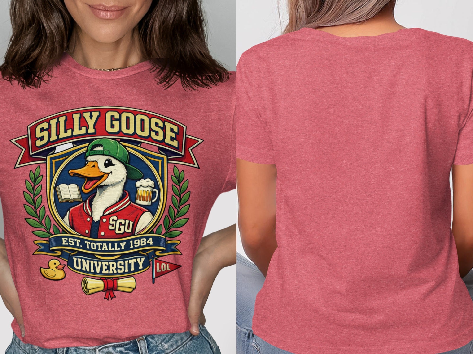 Red t-shirt with "Silly Goose University" graphic featuring a duck character.