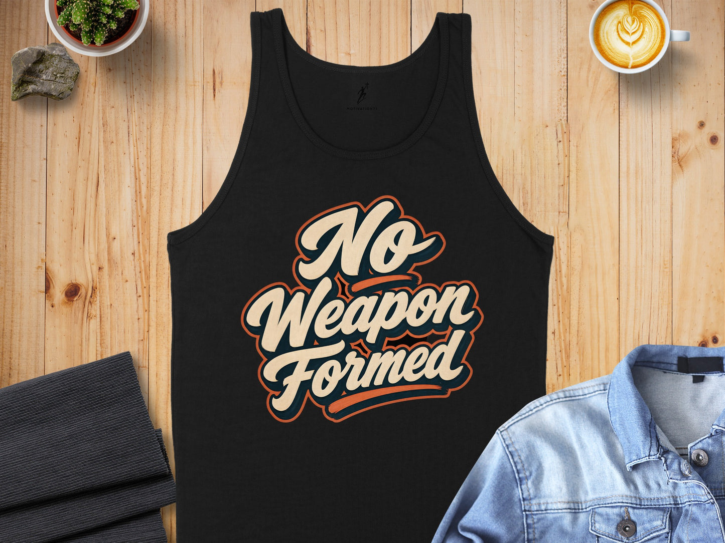 Black tank top with "No Weapon Formed" text in retro font.
