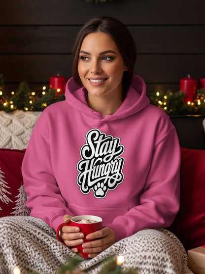 Pink hoodie with "Stay Hungry" text and a paw print graphic.
