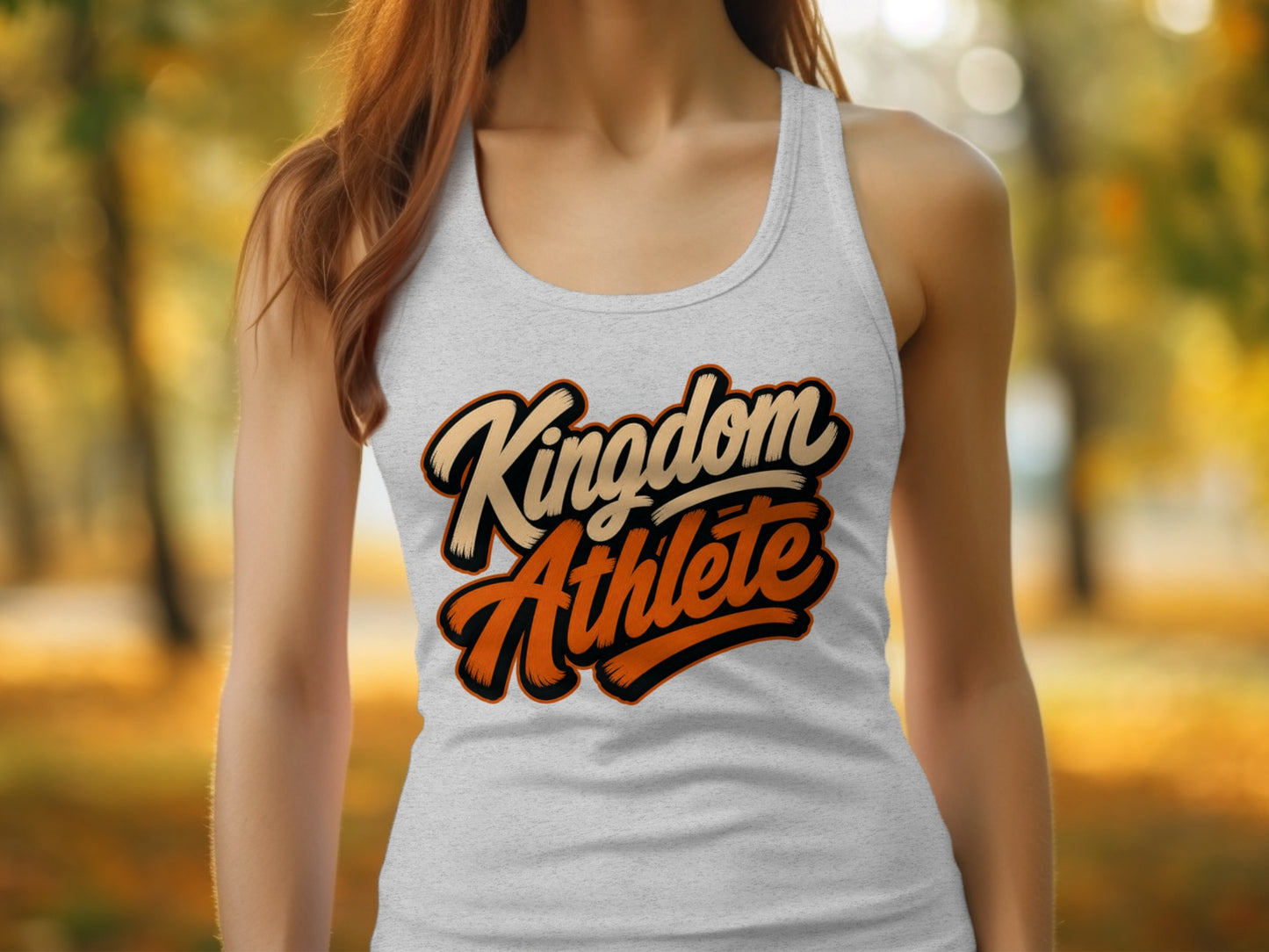 Grey tank top with "Kingdom Athlete" graphic in orange and tan lettering.