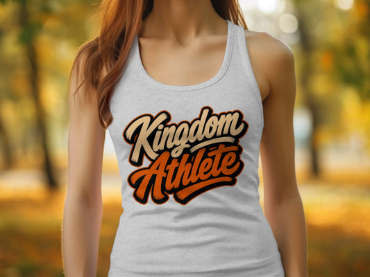 Grey tank top with "Kingdom Athlete" graphic in orange and tan lettering.