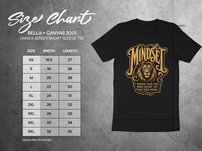 Bella + Canvas 3001 unisex tee size chart with lion graphic and inspirational quote.