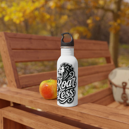 White water bottle with a black lion design and text "Roar Less".