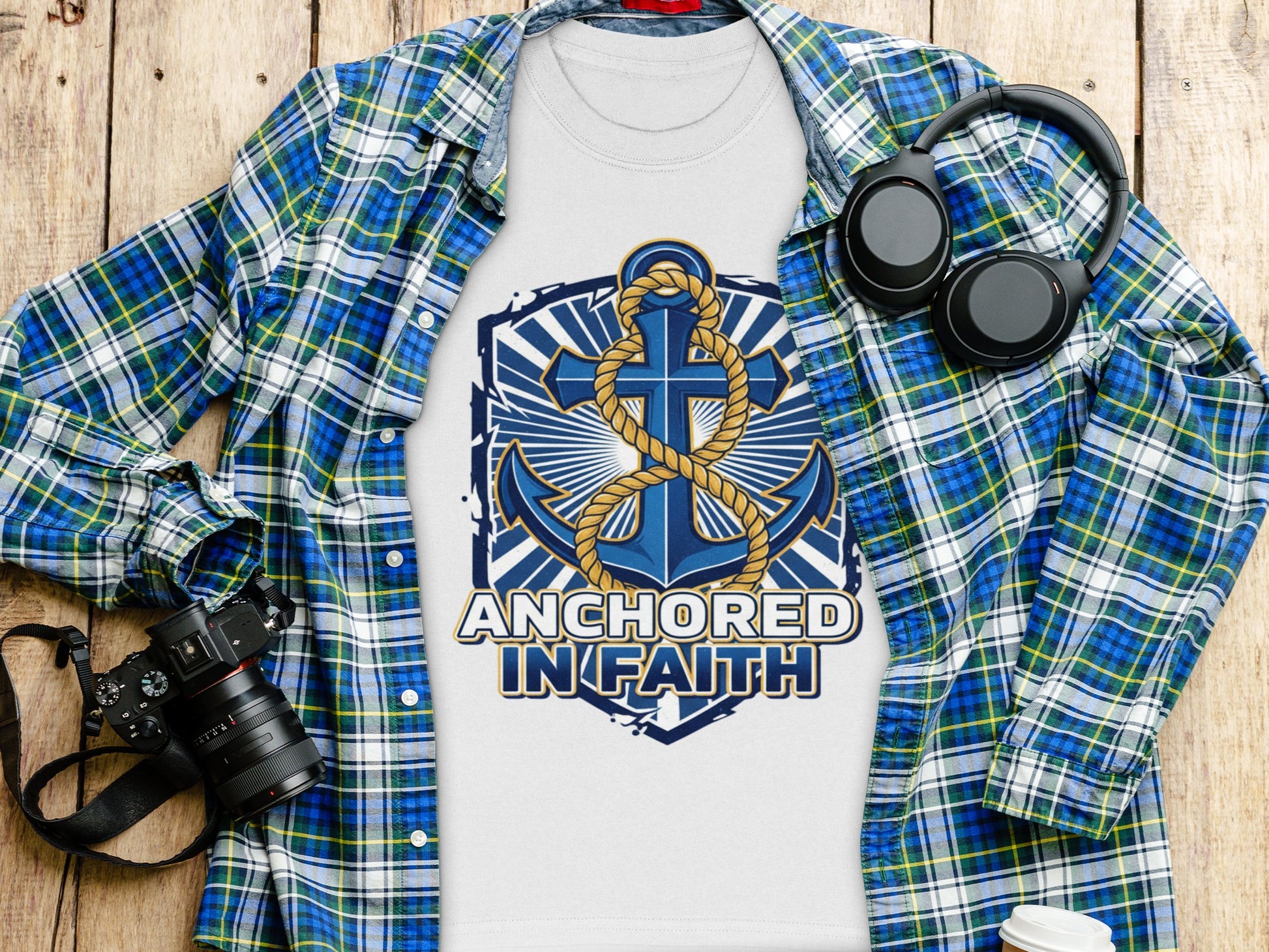 White t-shirt with "Anchored In Faith" text and blue anchor graphic.