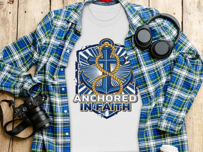 White t-shirt with "Anchored In Faith" text and blue anchor graphic.