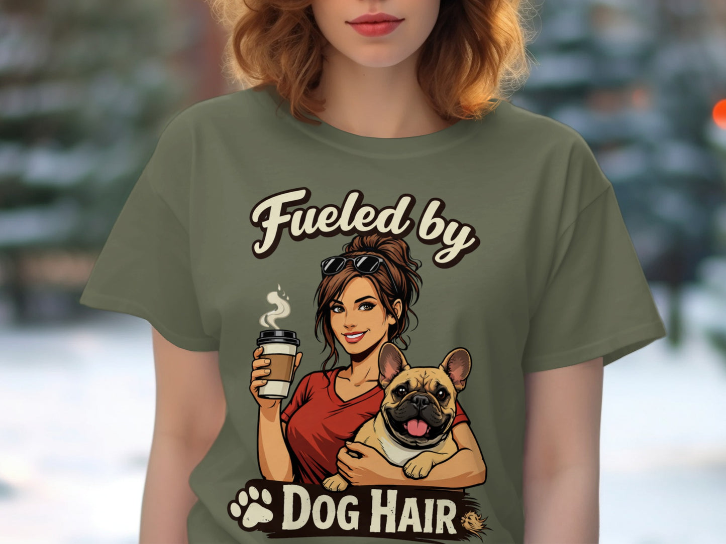 Illustration of woman with coffee and French bulldog, text reads "Fueled by Dog Hair".