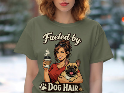 Illustration of woman with coffee and French bulldog, text reads "Fueled by Dog Hair".