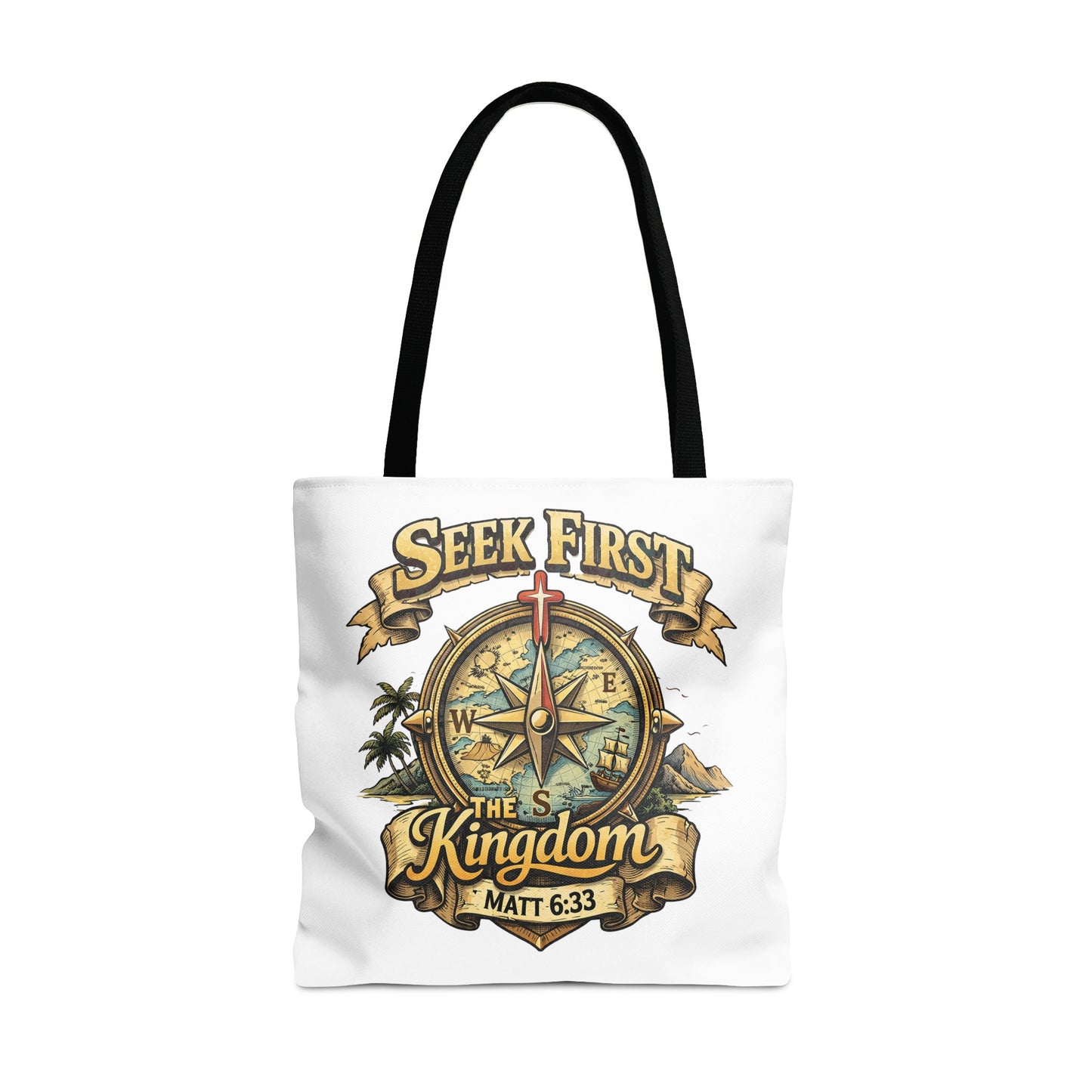 White tote bag with "Seek First The Kingdom" and "Matt 6:33" text and compass.