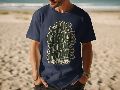 Navy t-shirt with green text "His Grace Our Home" and "2 Cor 12:9"