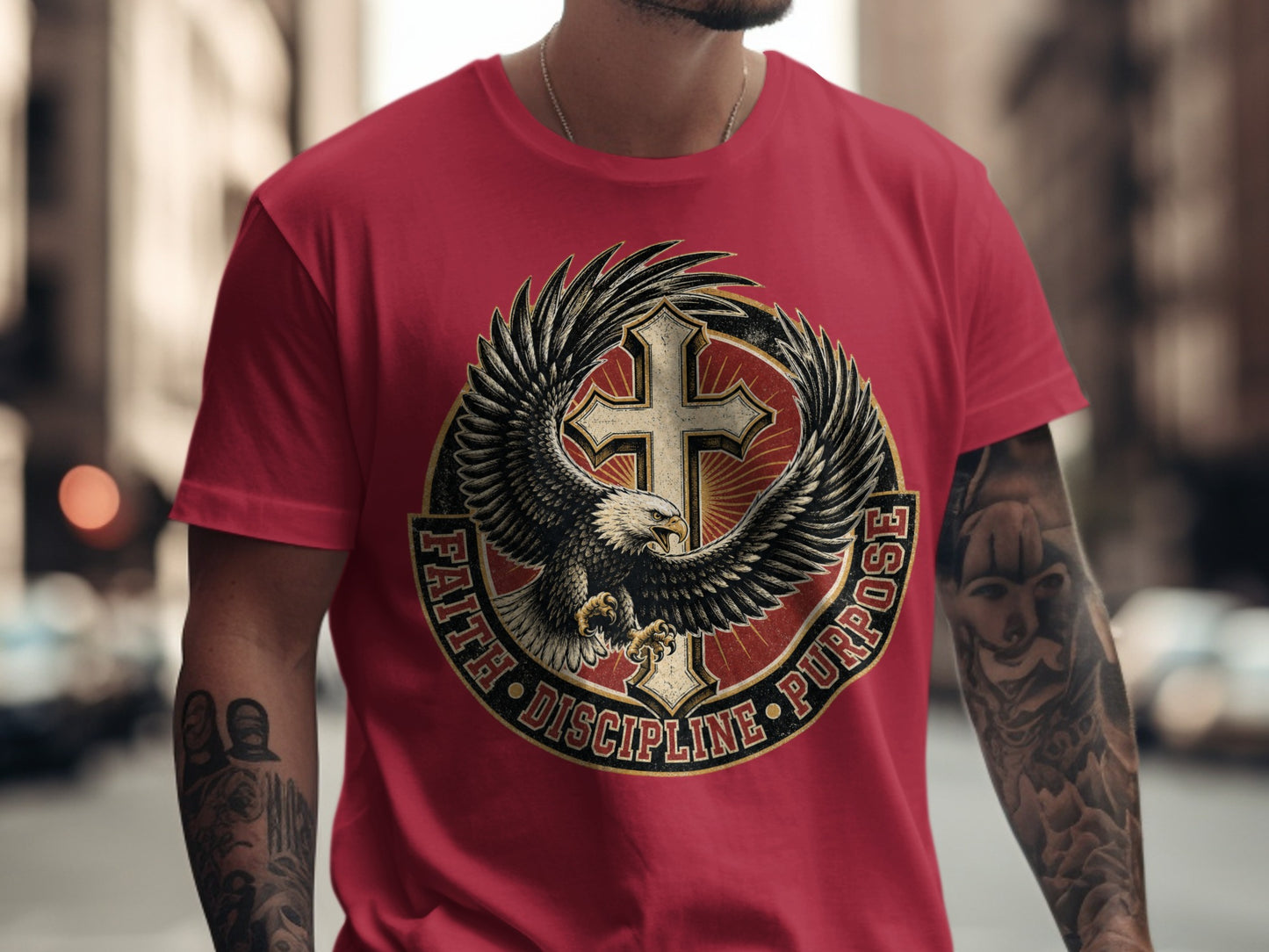 Red t-shirt with eagle, cross, and text "FAITH DISCIPLINE PURPOSE".