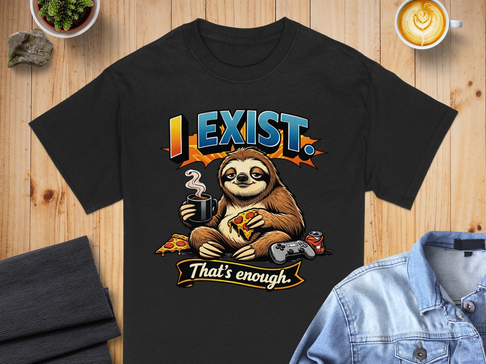 Black t-shirt with sloth eating pizza, holding coffee, with "I EXIST. That's enough." text.