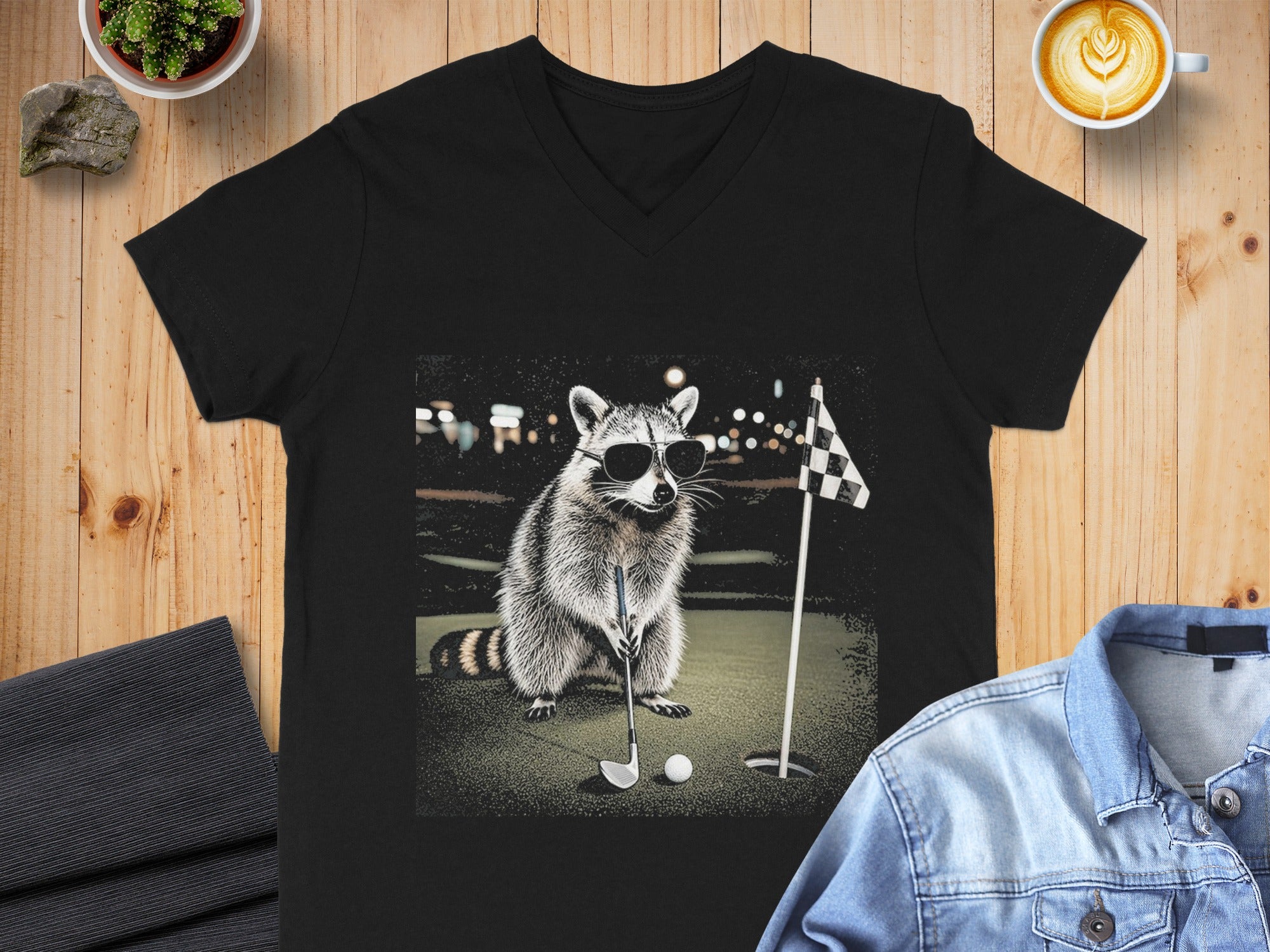 Raccoon wearing sunglasses about to putt a golf ball on a golf course.