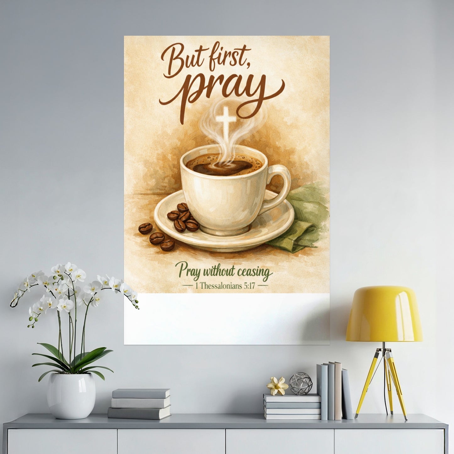 Illustration of a coffee cup with steam forming a cross, "But first, pray" and bible verse.