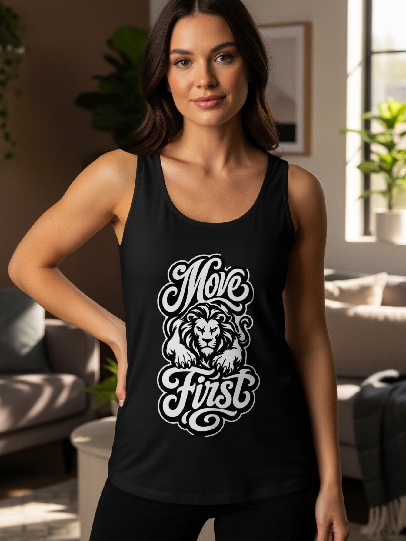 Black tank top with white "Move First" text and lion graphic.