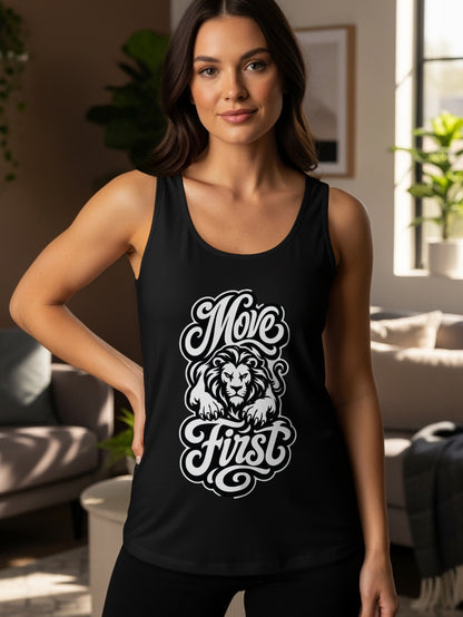 Black tank top with white "Move First" text and lion graphic.