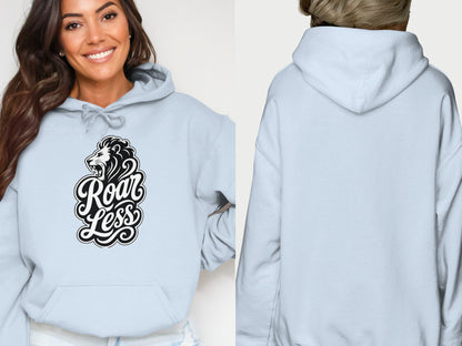 Light blue hoodie with a lion graphic and "Roar Less" text.