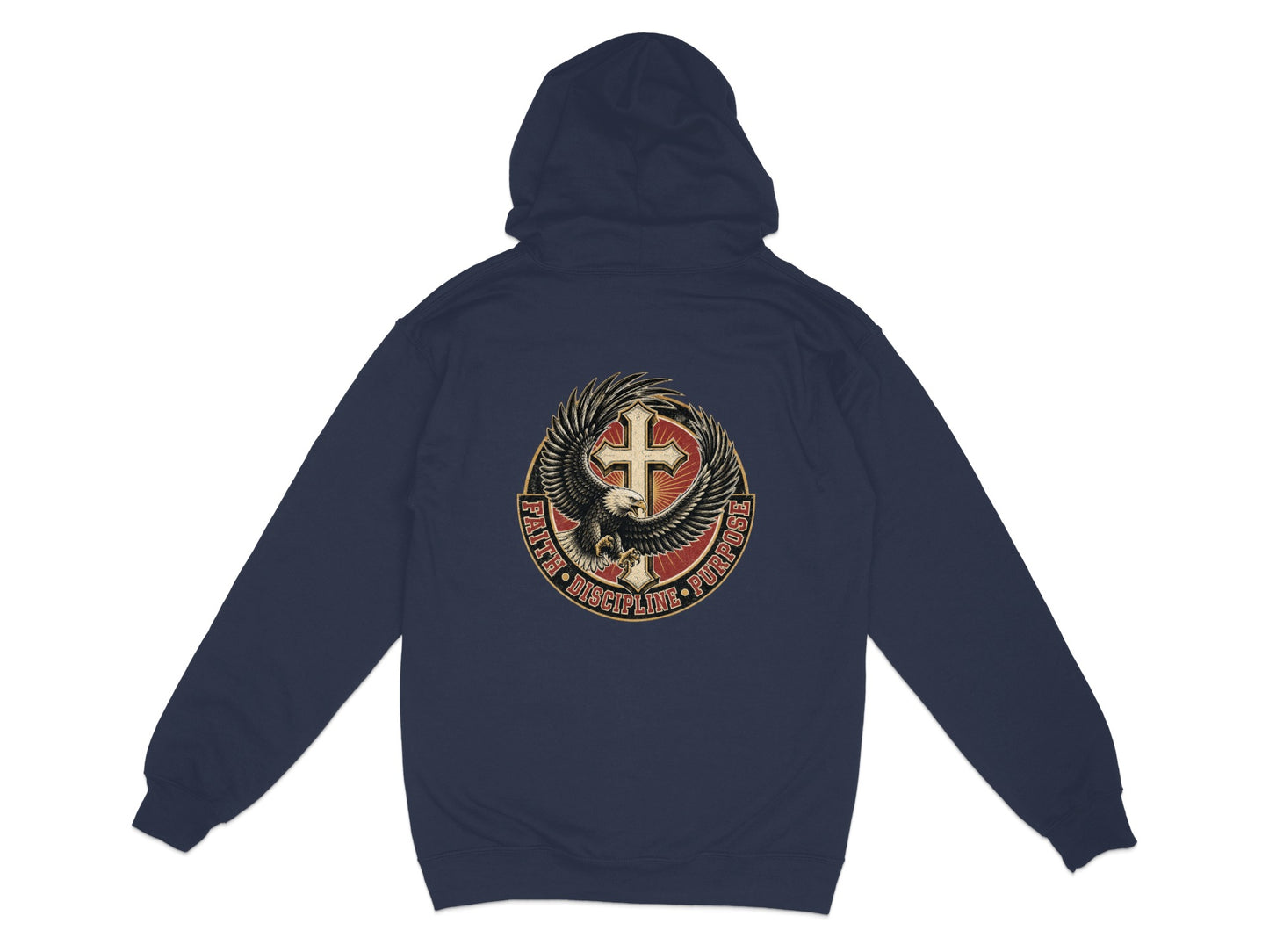 Dark navy hoodie with an eagle and cross emblem and "FAITH DISCIPLINE PURPOSE" text.