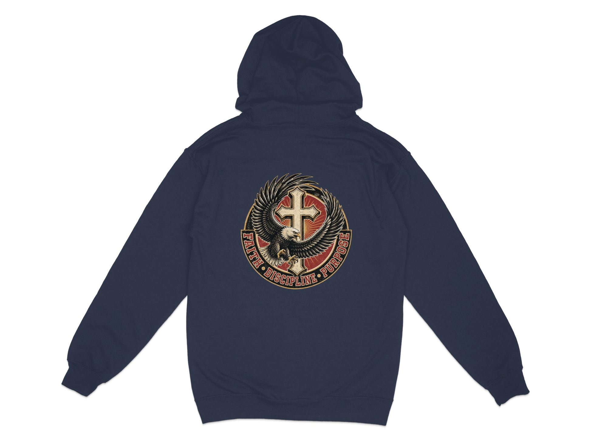 Dark navy hoodie with an eagle and cross emblem and "FAITH DISCIPLINE PURPOSE" text.