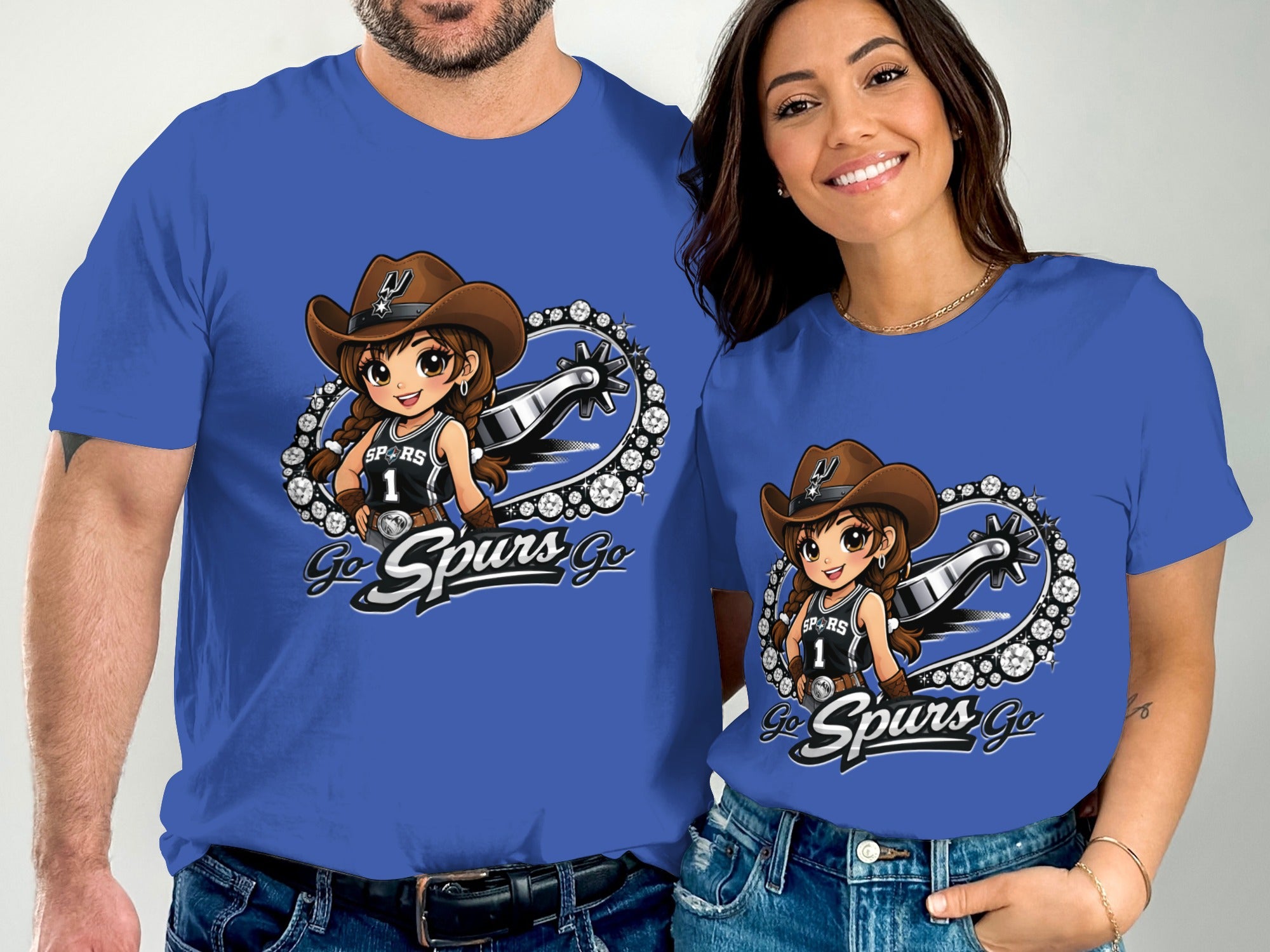 Cartoon Spurs girl wearing a cowboy hat and jersey, with spur and diamonds.